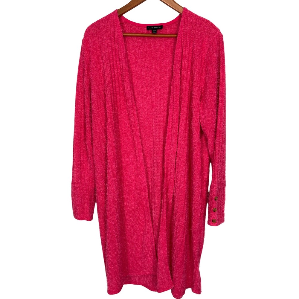 Lane Bryant Bright Pink Open Front Fuzzy Cardigan Long Length Women's Size 14/16